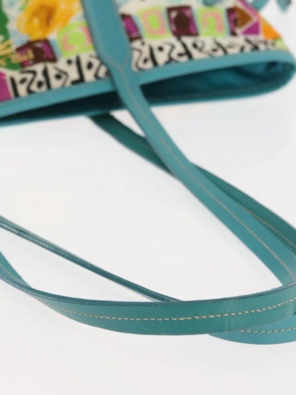 PRADA Tote Bag Nylon Leather Turquoise Blue Gold Auth 147406 - Picture 8 of 16